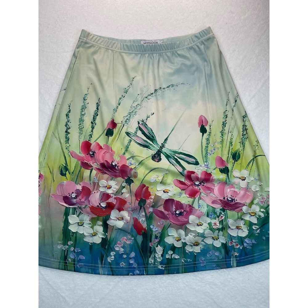 Floral Dragonfly Skirt Women L Green Pink Midi Art Fairy Watercolor Cottagecore